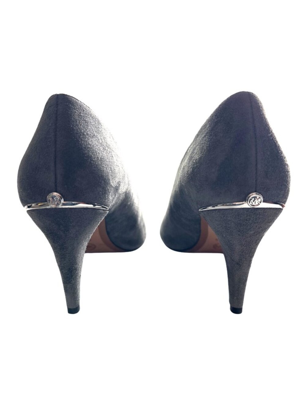 MICHAEL Michael Kors Gray Suede Heels Pointed-Toe Heels Silver Band Logo 9.5 - Picture 2 of 9